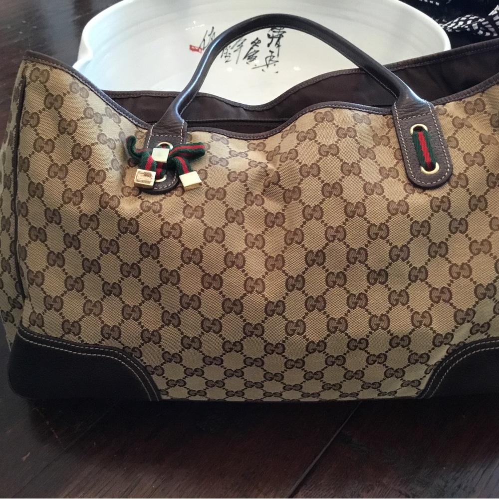 Gucci Beige Brown GG Canvas Tote with Green Red Web